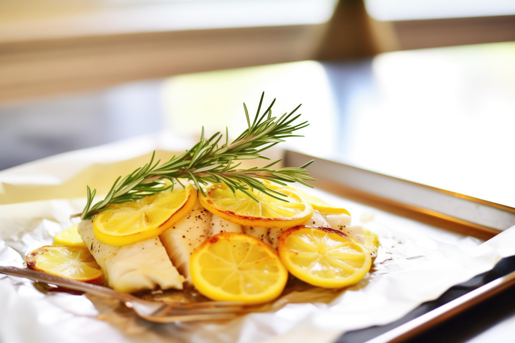 Close-up of seared fish with lemon